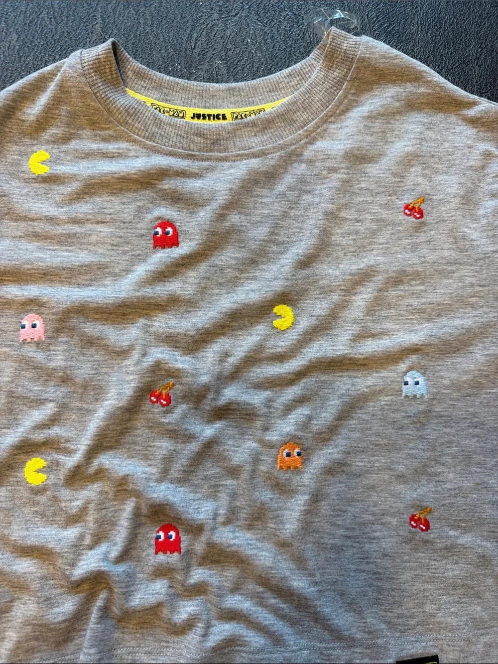 Justice Pac-Man Embroidered Gray Tee & Black Dot Shorts Set size 7/8